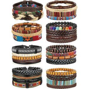 31 Pcs Braided Leather Bracelets for Men Women Wooden Beads Cool
